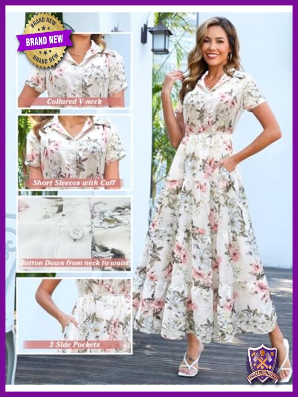 V-Neck Button Down Short Sleeve Chiffon Maxi Dress with Pockets - Picture 5 of 6